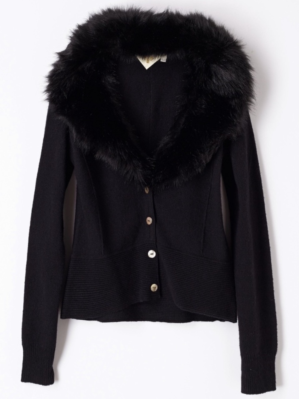 Anthropologie HWR Vedette Black Faux Fur Trim Cardigan Sweater Cotton Cashmere